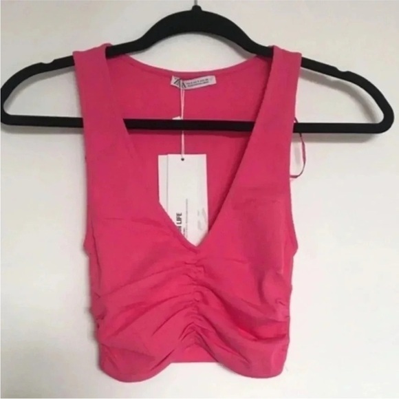 New Zara Pink Front Ruched Ribbed Top Size Small - Picture 3 of 5